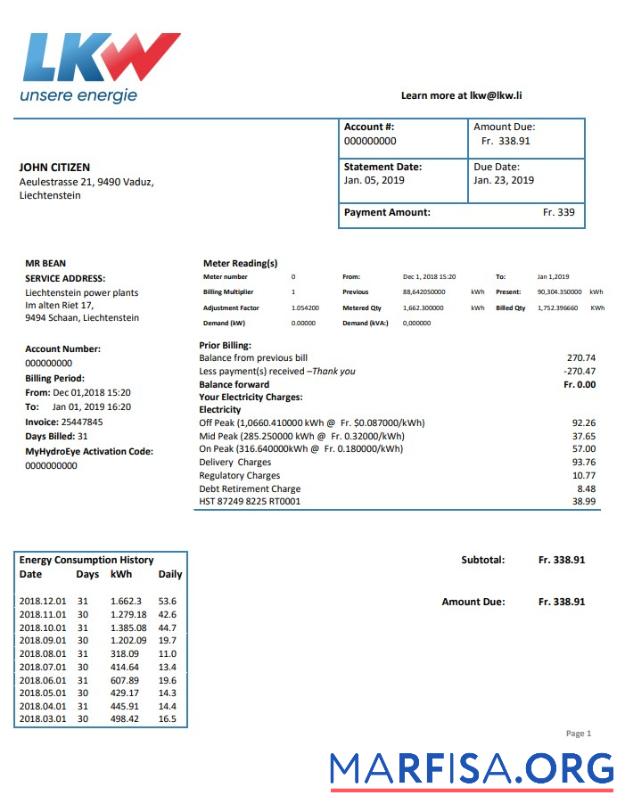 Blank Liechtenstein Ische Kraftwerke (LKW) electricity utility bill template in Word and PDF format